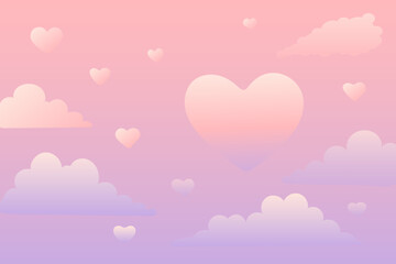 pastel gradient sky with floating heart shapes among soft dreamy clouds