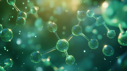 3D green molecules connected by rods on a vibrant background