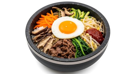 Authentic korean bibimbap bowl with egg, beef, vegetables, rice isolated on white background