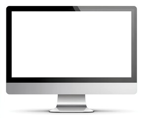 Computer monitor with blank white screen, silver stand, isolated