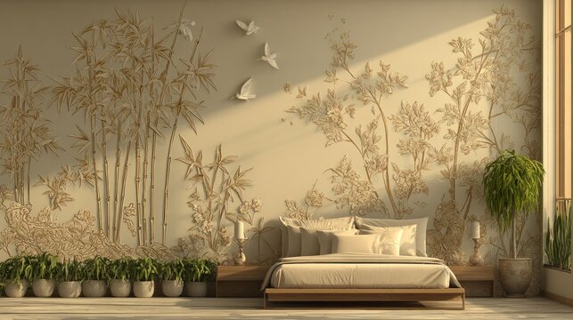 A sunlit bedroom features carved wall art of bamboo, foliage, with a bed and greenery