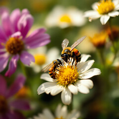 Obraz premium Two busy bees collecting nectar from a white daisy flower in a vibrant garden.