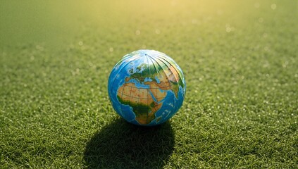 Planet Earth globe on fresh green grass. Environmental protection, sustainability, and Earth Day awareness concept