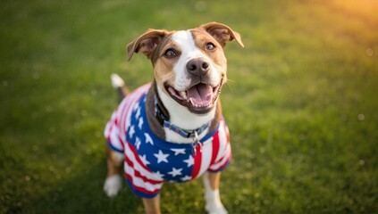A happy patriotic dog wearing an American flag shirt sitting on green grass. Celebrating the 4th of July holiday outdoors. USA Independence Day concept