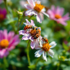 Obraz premium A close-up shot of a ladybug and a bee sharing a delicate pink and white flower, with other bees and flowers in a sunny garden.
