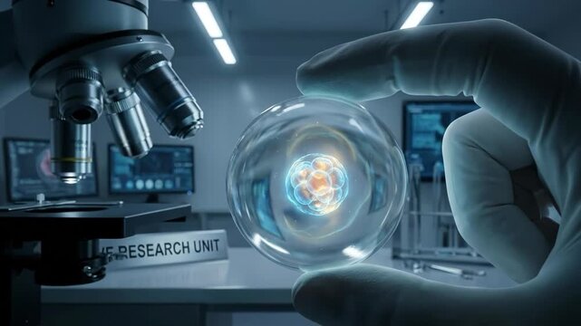 Scientist in laboratory gloves holding a translucent sphere containing a developing human embryo, with a microscope and computer screens in an ivf research unit background