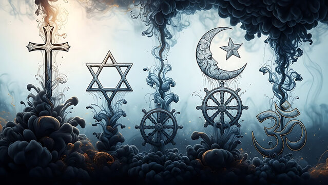 A dark, atmospheric depiction of various religious symbols emerging from smoke and mist.