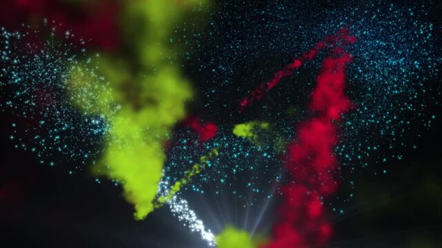 Blue emitter starting red lime smoke converging, emitting turquoise particles, forming star field