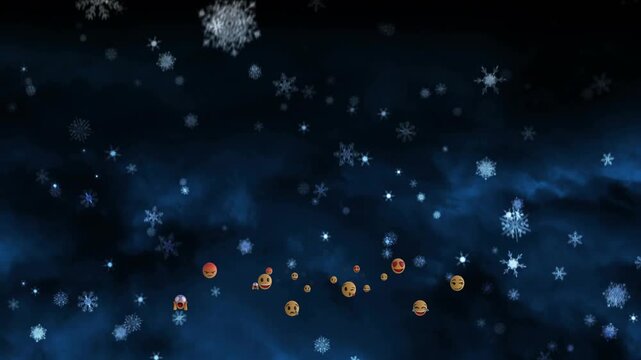 Emoji line drifting after snowflake crossing, spreading outward and growing to show depth