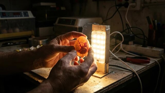 Farmer hands carefully candling a chicken egg to check embryo development, revealing a network of veins, symbolizing birth, life, and the early stages of growth and farming innovation