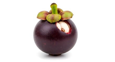 Obraz premium Fresh exotic mangosteen fruit with cut revealing white flesh isolated on white background