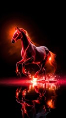 Fototapeta premium A red horse is galloping in the dark with a reflection in the water