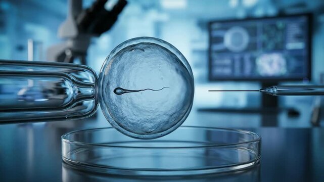 Medical scientist performing intracytoplasmic sperm injection (icsi) during in vitro fertilization (ivf), a reproductive technology assisting with conception in a laboratory setting