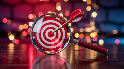 Red dart hitting bullseye on a target through a magnifying glass with a vibrant red and blue bokeh background illustrating sharp focus