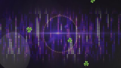 Glowing center ring pulsing, flare shifting, sending green clovers drifting, driving equalizer bars