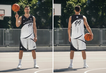 Dynamic Basketball Jersey Mockup Male Athlete  on an Outdoor Court