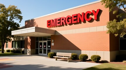 Exterior emergency department entrance of a modern hospital building with signage