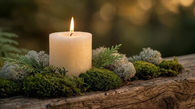 Illuminated white pillar candle resting on rustic weathered wood surrounded by vibrant green moss lichen and cedar branches creating a peaceful natural seasonal setting
