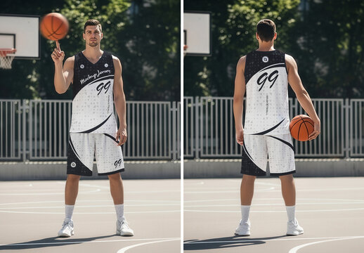Dynamic Basketball Jersey Mockup Male Athlete  on an Outdoor Court