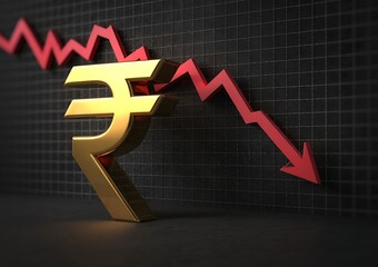 Golden indian rupee symbol declining sharply downward with red arrow indicating financial crisis and economic downturn