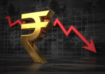 A striking golden Indian rupee symbol positioned against a dynamic red declining line graph on a dark textured background with subtle grid lines, symbolizing monetary distress