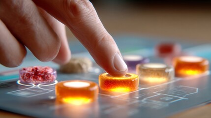 Multiple glowing resource tokens distributed across project tiles on desk, manager hand shifting one token to critical project, 4k