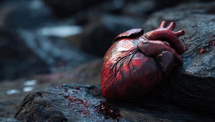 A human heart, textured and red, rests on rough, dark stones, near a blurred, rocky backdrop