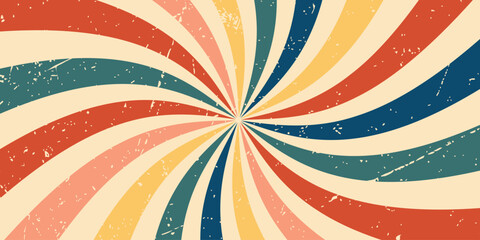 Retro vintage spiral sunburst background with grunge texture &ndash; colorful distressed retro swirl burst vector backdrop