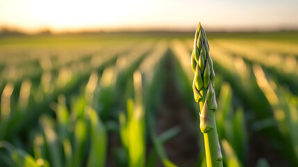 Fresh asparagus spear in a field at sunrise. Rows extend into the distance under a golden sky. The focus is on the vegetable's detail and lush green color, nature's bounty.