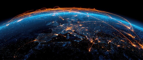 Earth view from space with glowing cities and connection lines overlayed