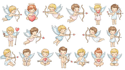 Fototapeta premium Collection of cute handdrawn cupid angels with bows and arrows for valentines day
