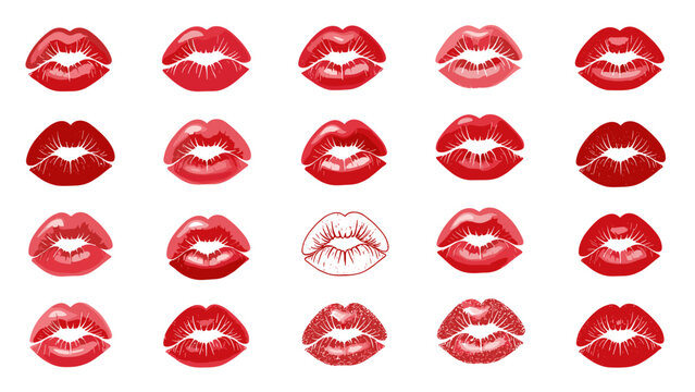 Set of red lipstick kiss marks and one sketch outline - Powered by Adobe