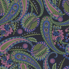 Turkish Cucumber Paisley seamless vector pattern in traditional Oriental style. Decorated with flowers, leaves, and fantasy elements, for fabric, textile and wallpaper covers