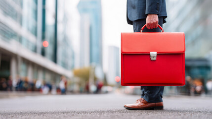 A man holding a red business briefcase on a city street, close-up