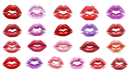 Collection of colorful lipstick kiss marks in various shades and poses