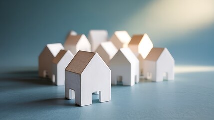 Abstract conceptual representation of a neighborhood or community of simple white house models arranged in rows on a textured surface