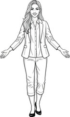 Line art illustration of a smiling professional woman in a blazer with welcoming open arms.