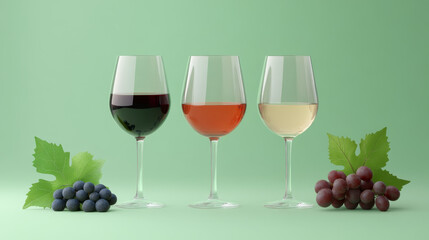 Fototapeta premium Red, White, and Rose Wine in Glasses with Grapes on Green