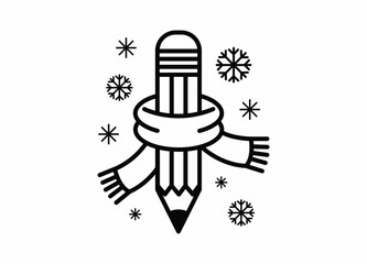 Creative winter season drawing pencil wrapped in a cozy scarf surrounded by festive falling snowflakes