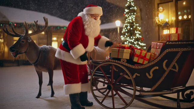 Santa organizing gifts and securing them in his sleigh in a snowy courtyard with reindeer waiting. Slow cinematic orbit camera around the sleigh, warm lantern light against cool snow, classic magical 
