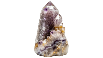 Amethyst geode cluster with purple and white crystals on black background mineral