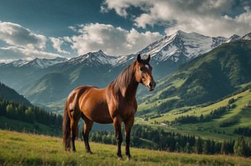 Horse standing in alpine mountain landscape with green meadows