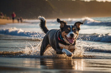 Happy dog running and splashing in ocean waves