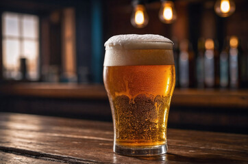 Craft beer glass on wooden bar counter in pub