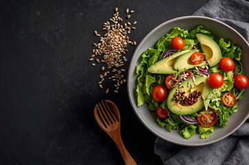 Fresh salad bowl with avocado, tomatoes, lettuce, and seeds