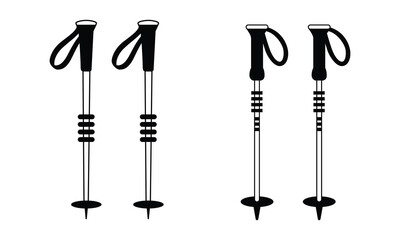 Minimalist black and white ski trekking poles icon set representing essential outdoor winter sports equipment and adventure