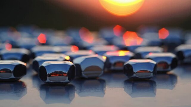 A collection of shiny metal nuts glimmers under the radiant sunset, casting a warm glow across their surface. Each nut reflects the vibrant colors of the evening sky, creating a ca