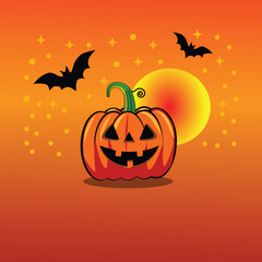 Halloween pumpkin illustration with jack lantern, bats, and glowing sunset background Art and Illustration