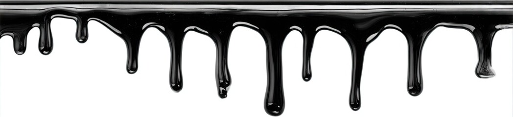A horizontal band of flowing, glossy black material with dripping patterns against a white background
