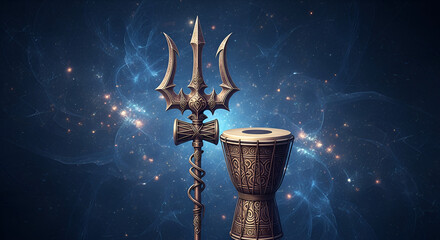 Maha Shivaratri Mystical Celebration with Sacred Trident and Damroo Drum on a Dark Blue Cosmic